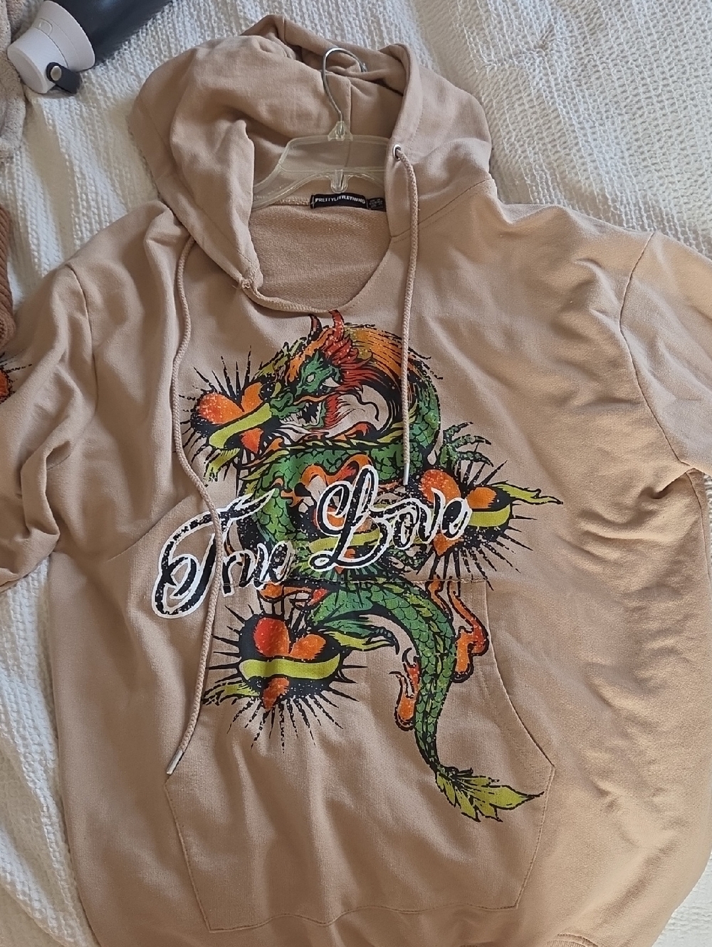 PrettyLittleThing Beige Hoodie with Green & Orange Dragon Graphic